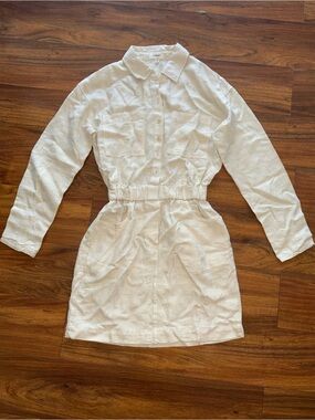 White Button-Front Mini Shirt Dress with Elastic Waist